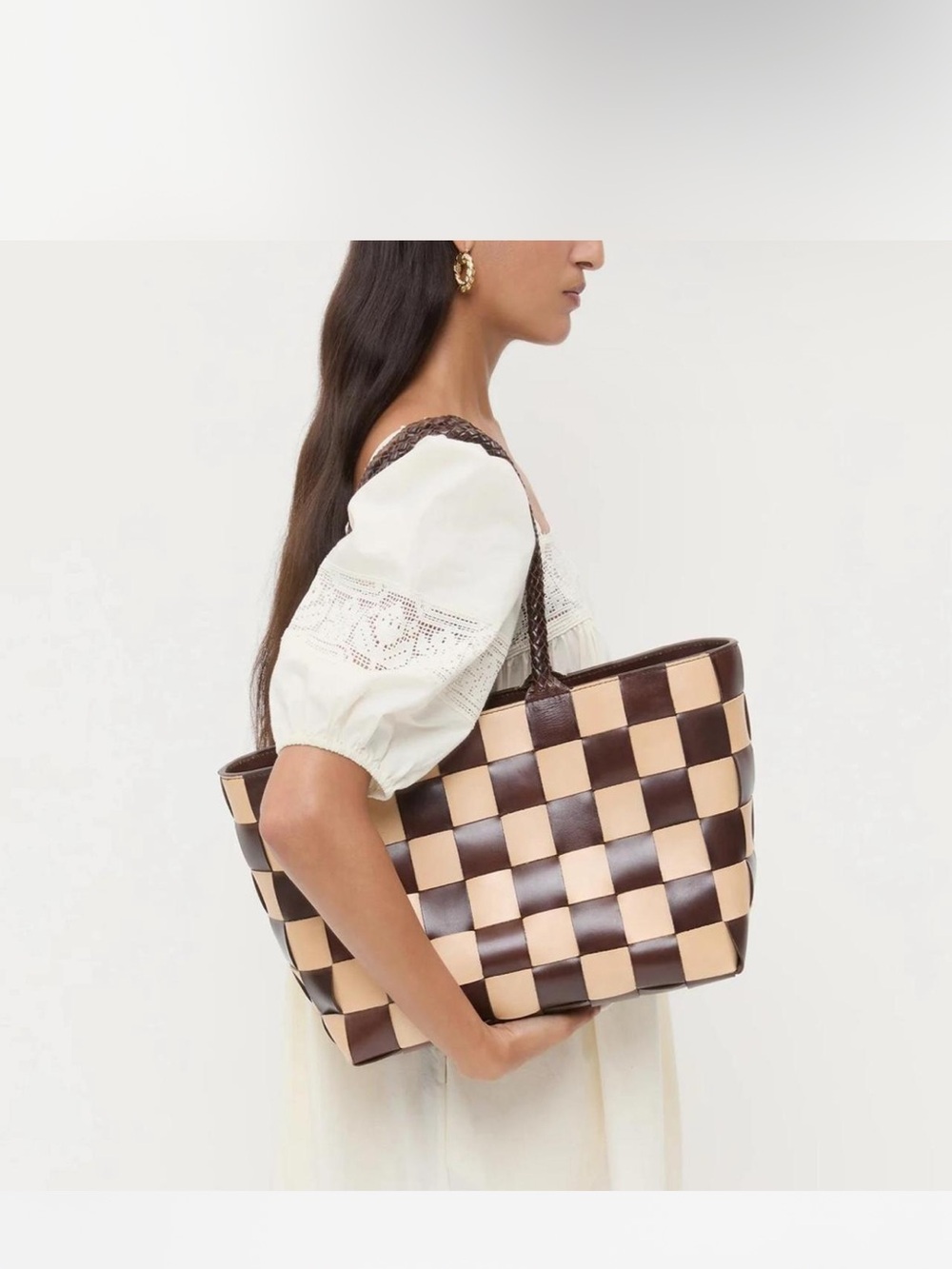 Loeffler Randall Klara Brown & Cream Woven Checkerboard leather Tote bag - Picture 3 of 7